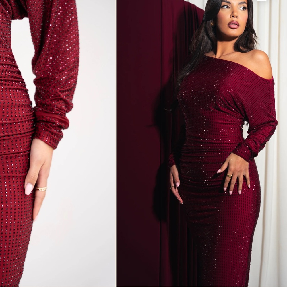 Off-Shoulder Burgundy Rhinestone Bodycon Dress